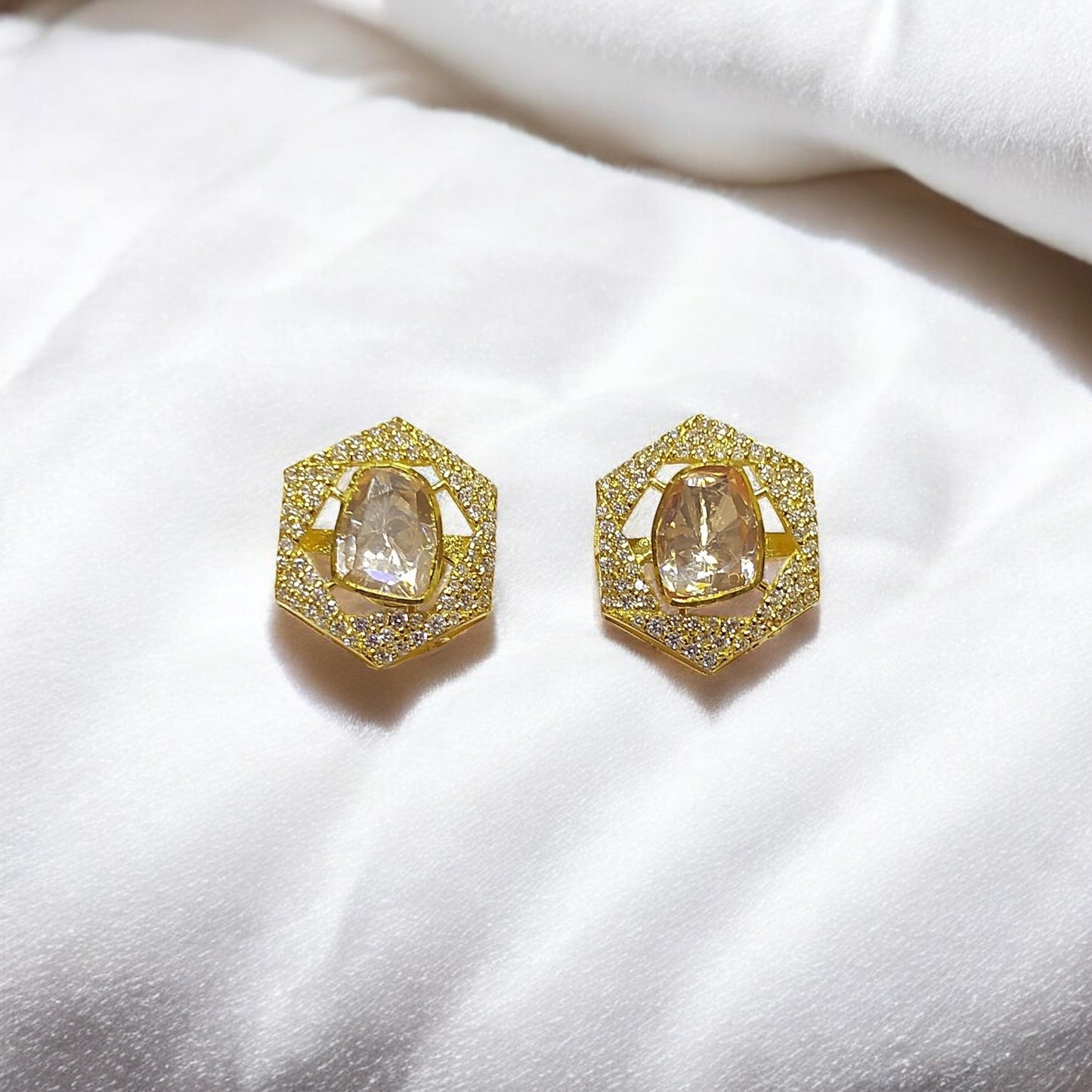 925 Silver Moissanite Polki Hexagon Stud Earrings