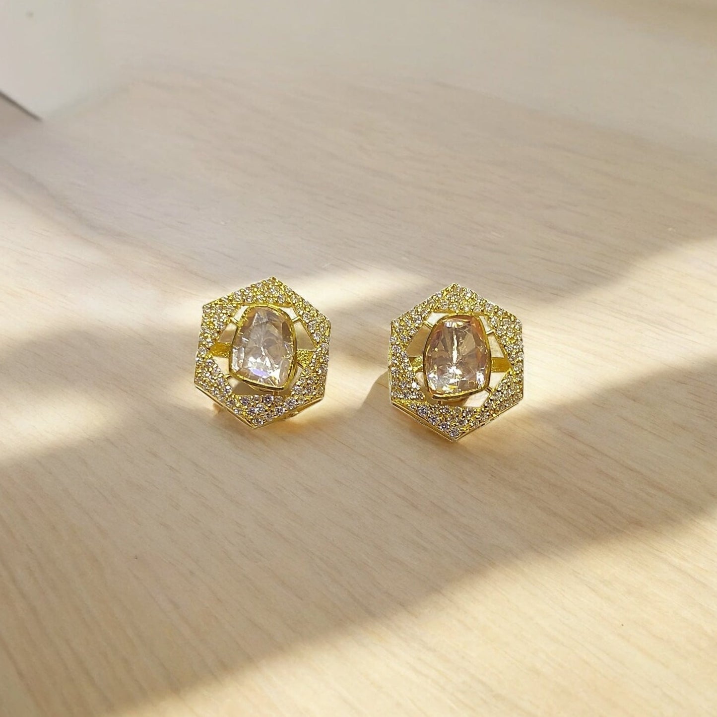 925 Silver Moissanite Polki Hexagon Stud Earrings
