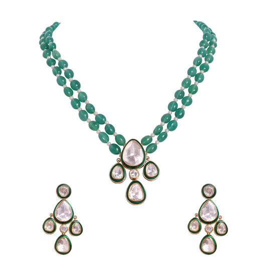 925 Silver Moissanite Polki Green Meena Necklace