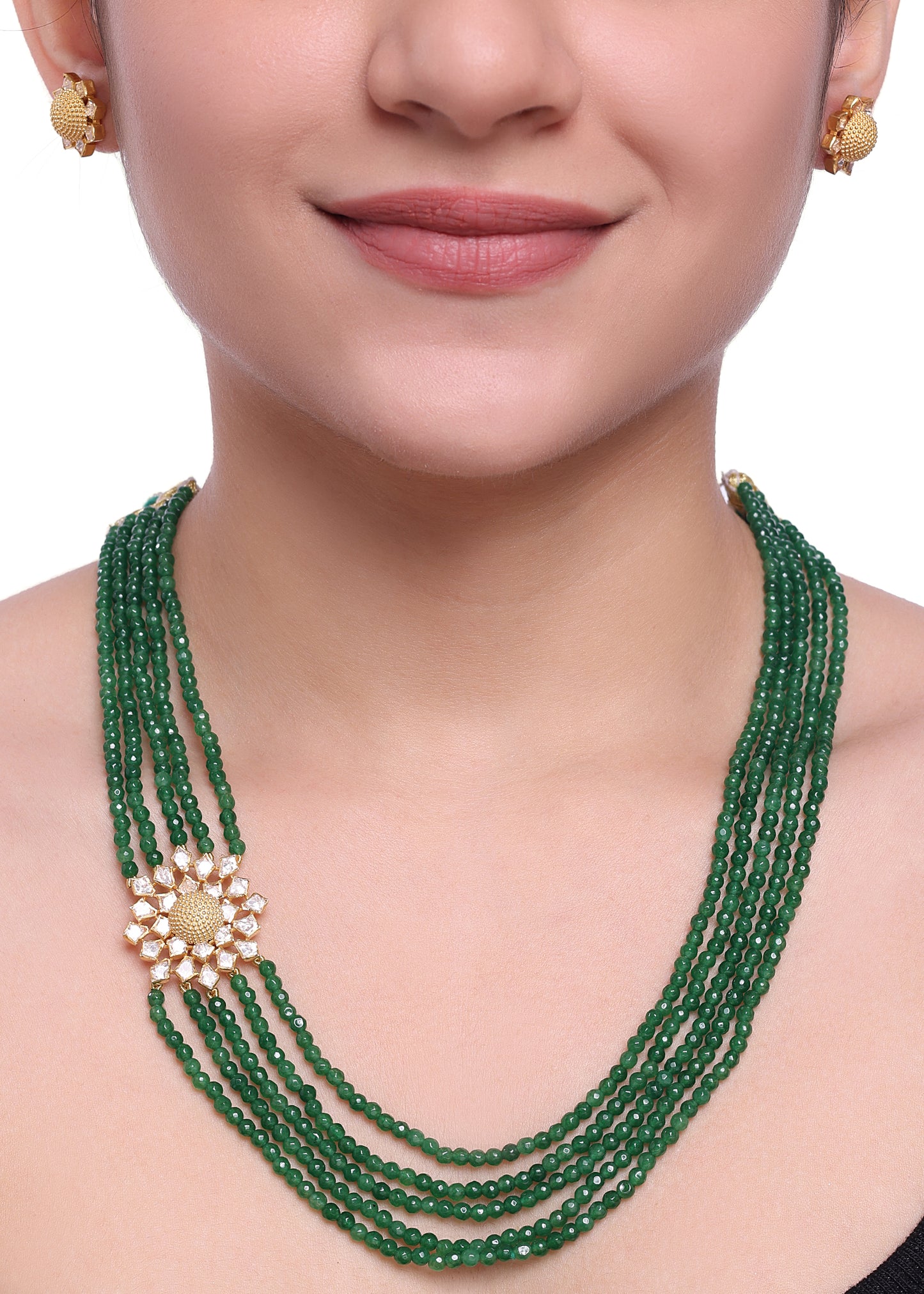 925 Silver Moissanite Polki Green Mala Necklace Set