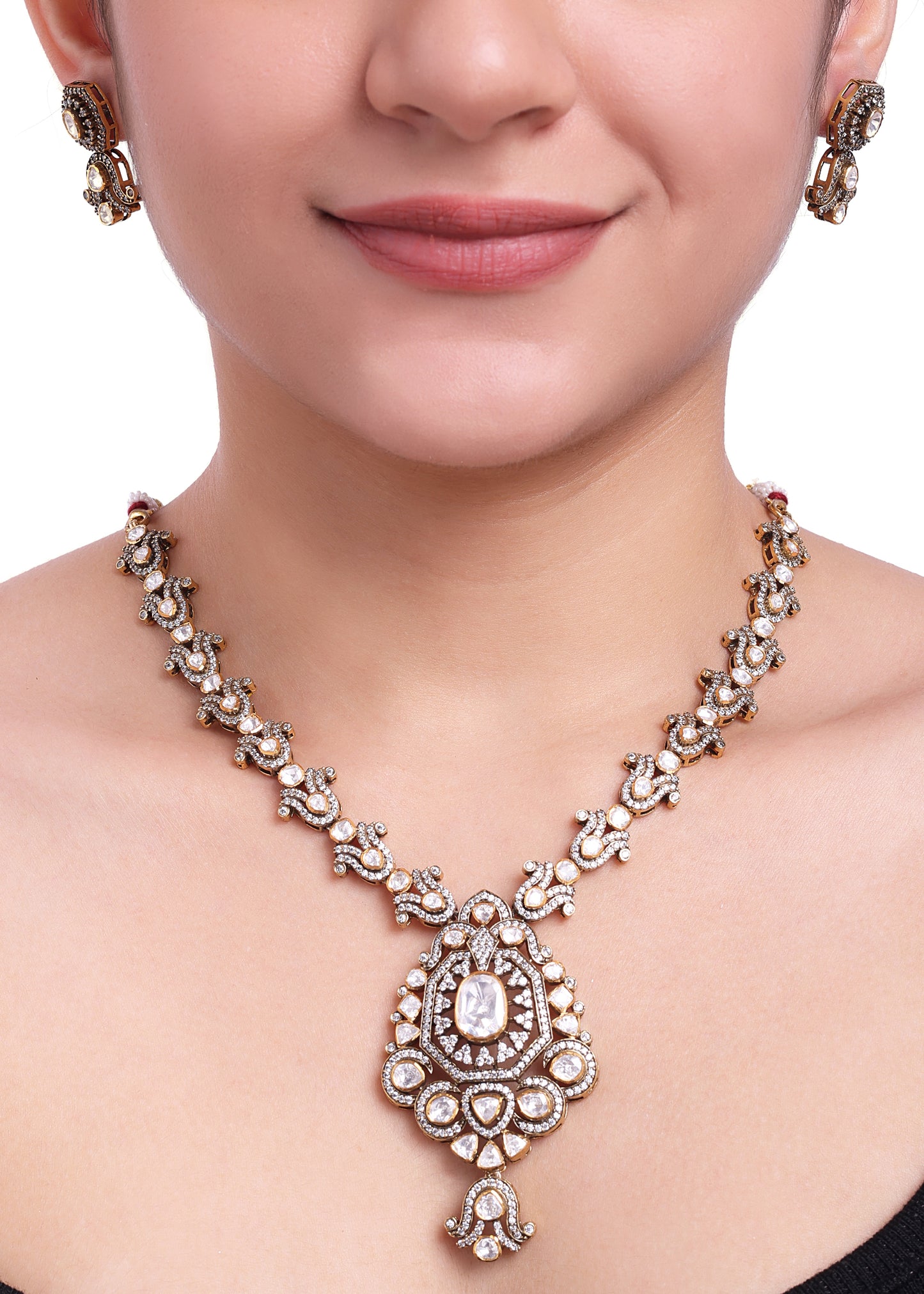 925 Silver Moissanite Polki Antique Necklace Set