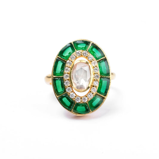 925 Silver Moissanite Polki Cosmos green Ring