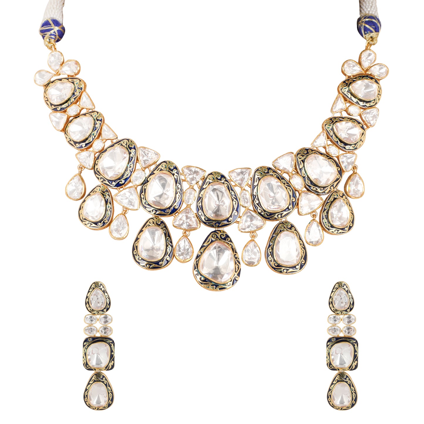 925 Silver Moissanite Polki Blue Meenakari Necklace Set