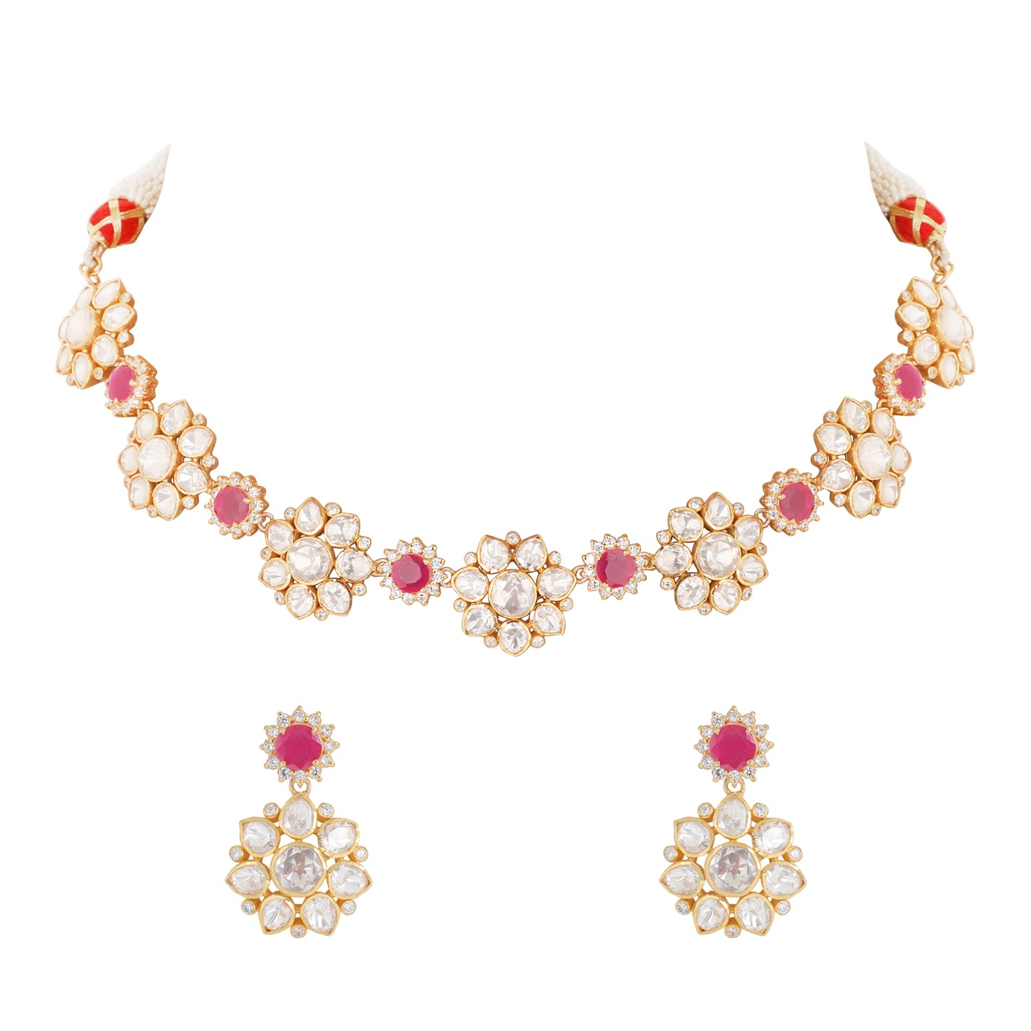 925 Silver Moissanite Polki Floral Pink Necklace set