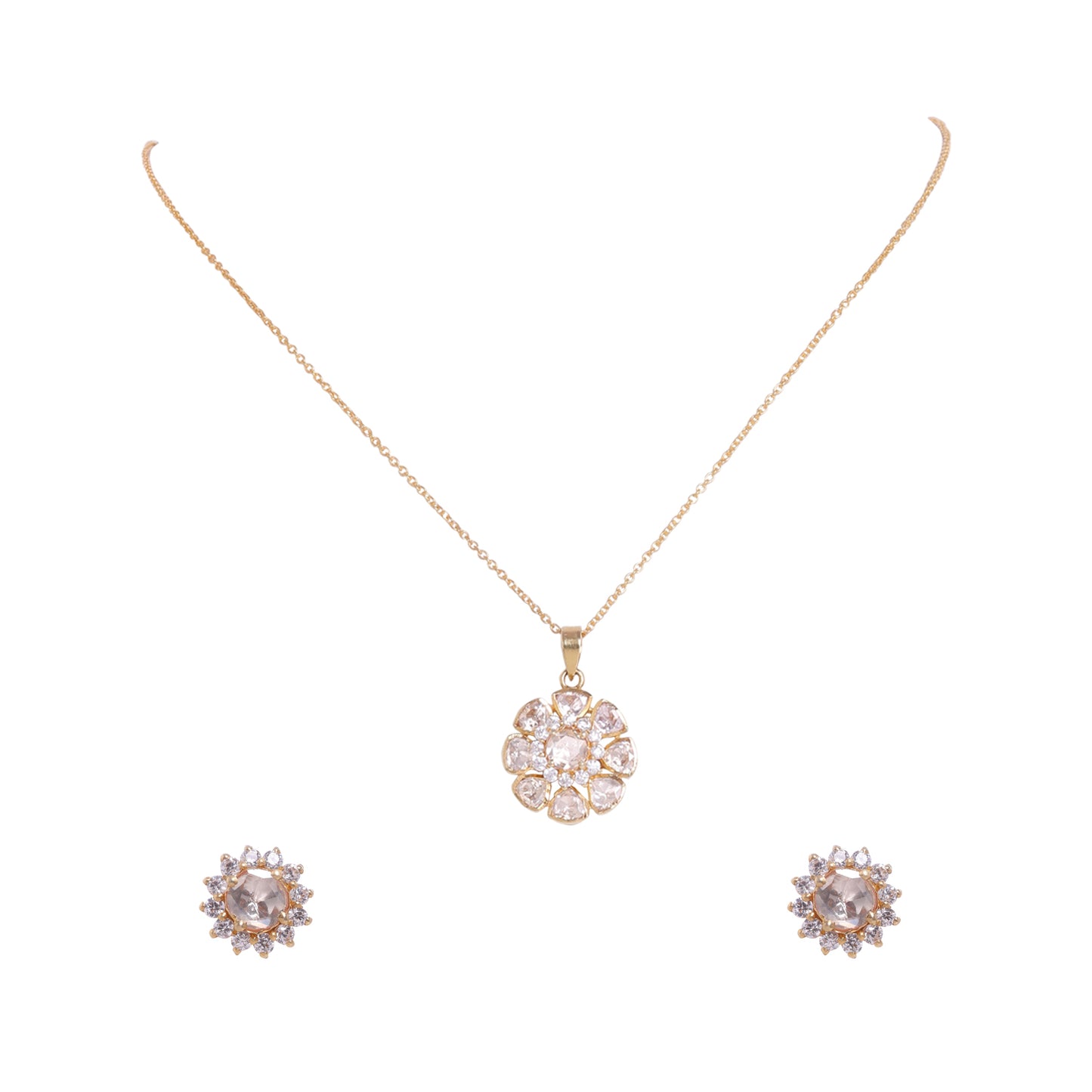 925 Silver Moissanite Polki Floral Pendant Set