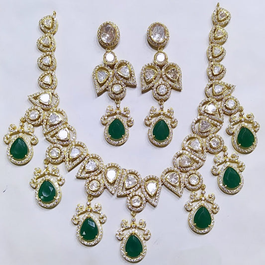 925 Silver Moissanite Polki Green Victoria Necklace Set