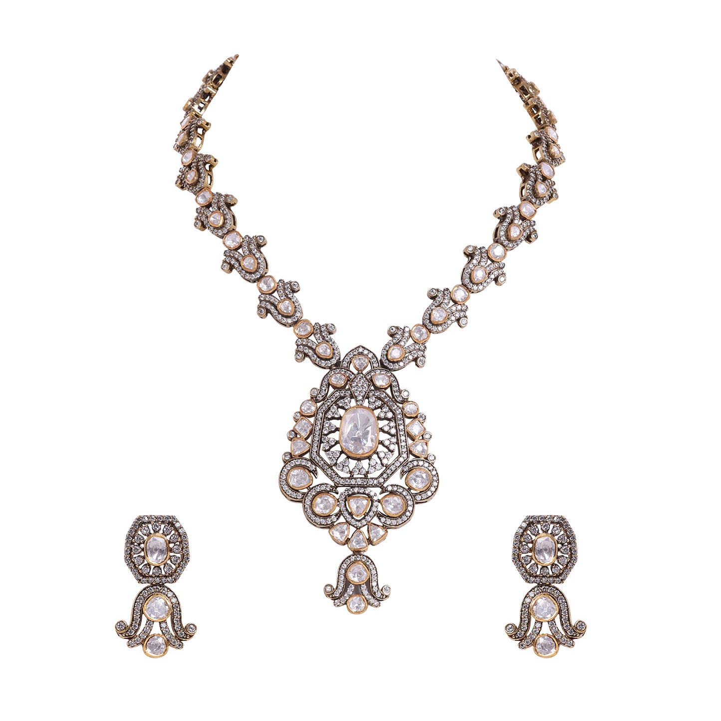 925 Silver Moissanite Polki Antique Necklace Set