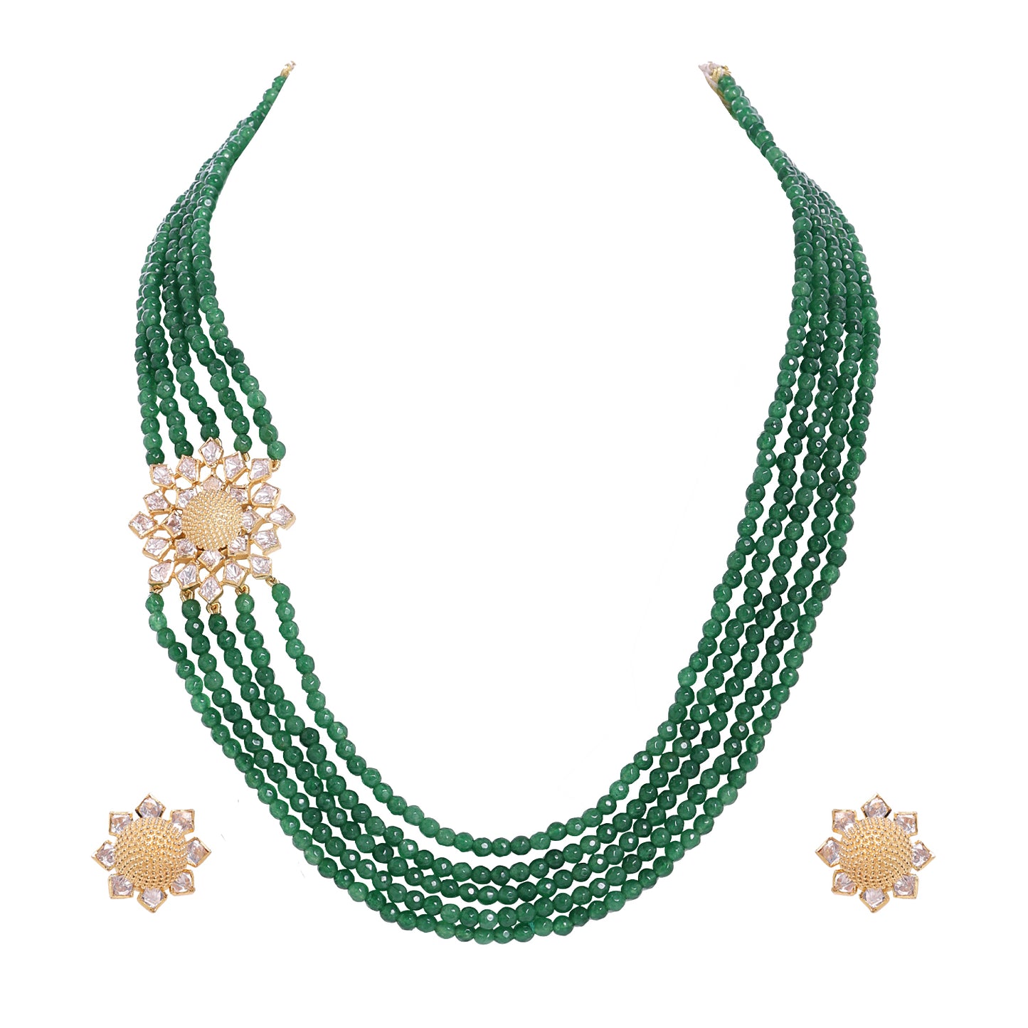 925 Silver Moissanite Polki Green Mala Necklace Set