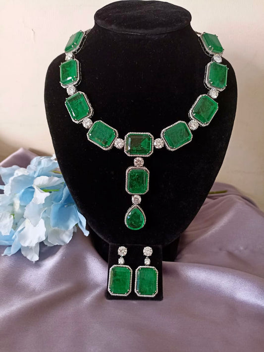 925 Silver Faux Emerald Necklace Set