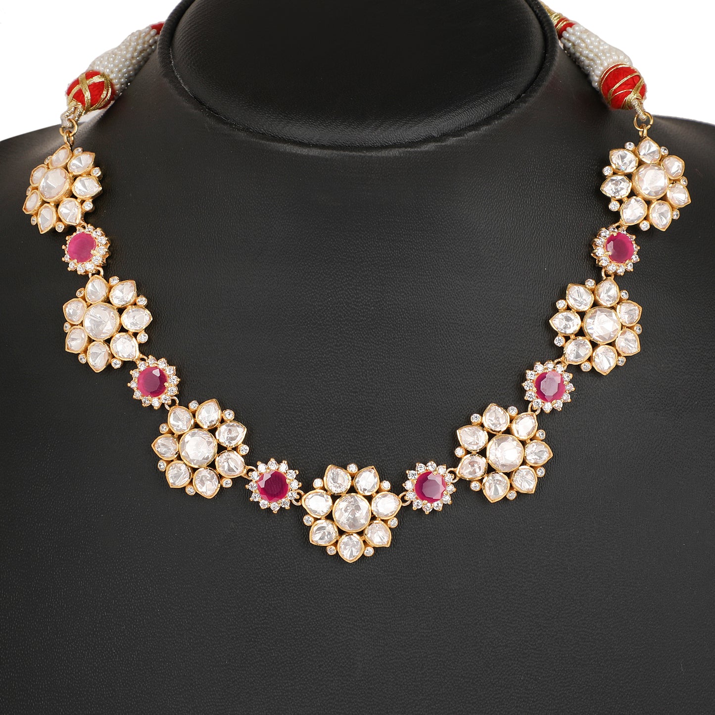 925 Silver Moissanite Polki Floral Pink Necklace set