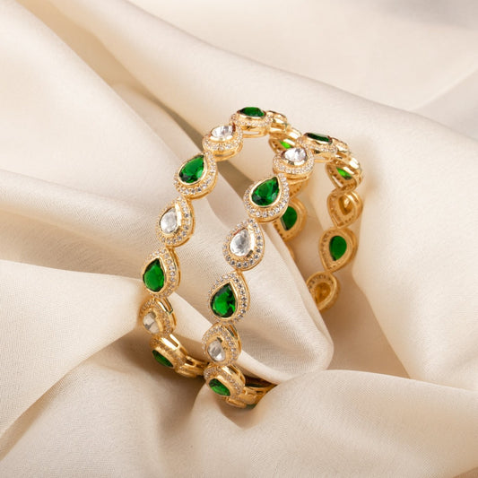 925 Silver Moissanite Polki Green Bangle Set