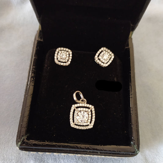 925 Silver Double halo Square Pendant Set