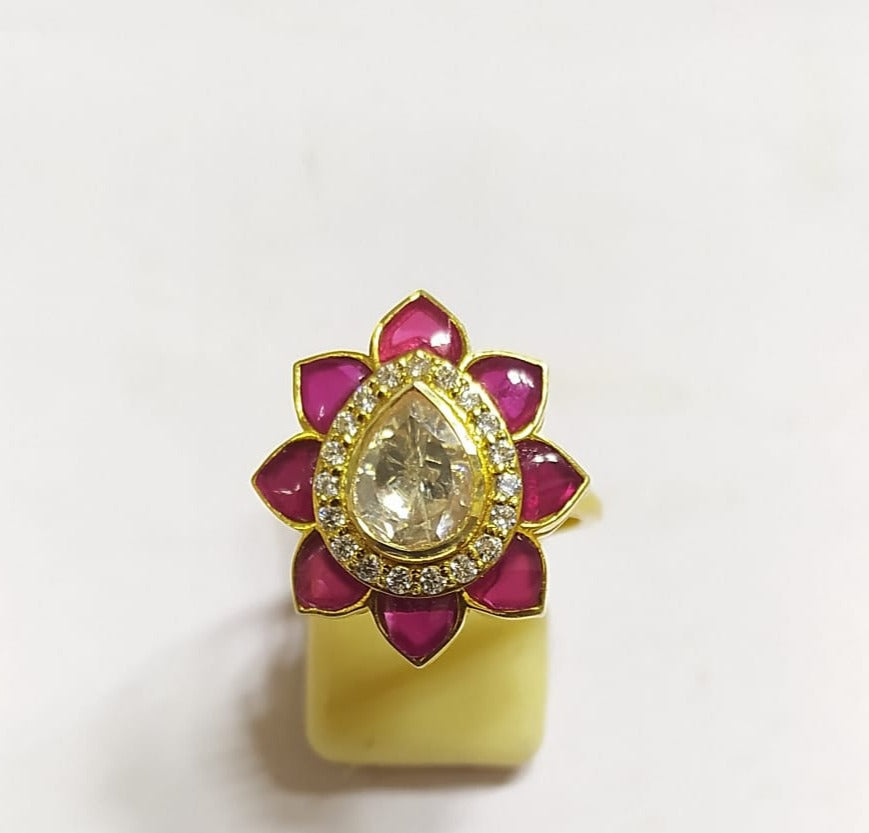 925 Silver Moissanite Polki Faux Ruby  Ring