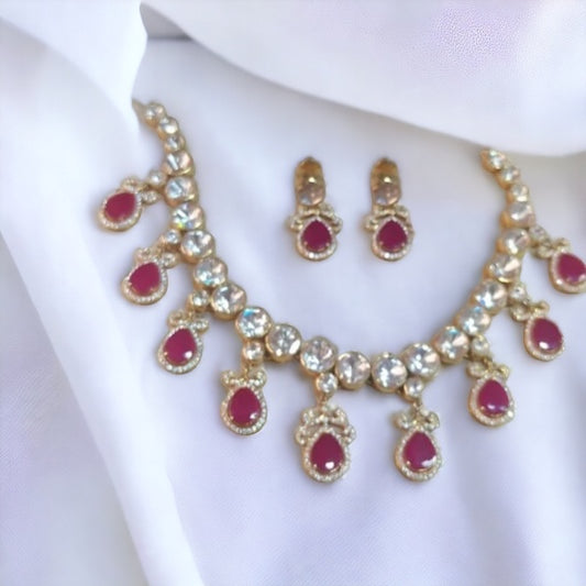 925 Silver Moissanite Polki Ruby Drop Necklace