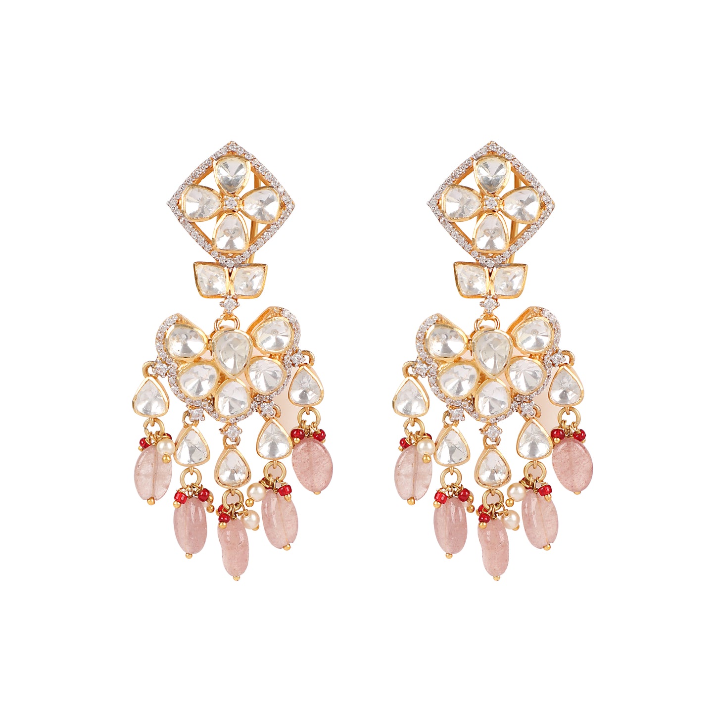 925 Silver Moissanite Polki Pastel Pink Earrings