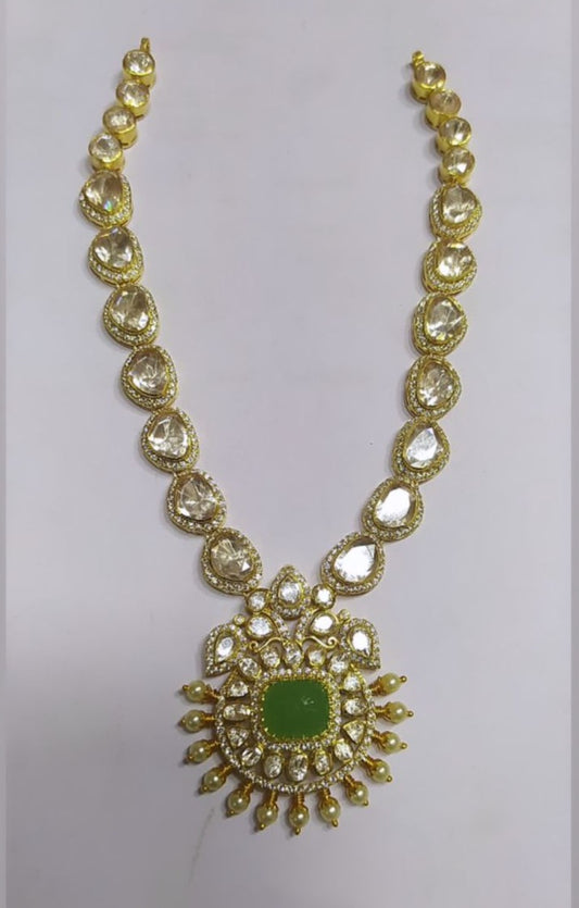 925 Silver Moissanite Polki Emerald Mala Necklace