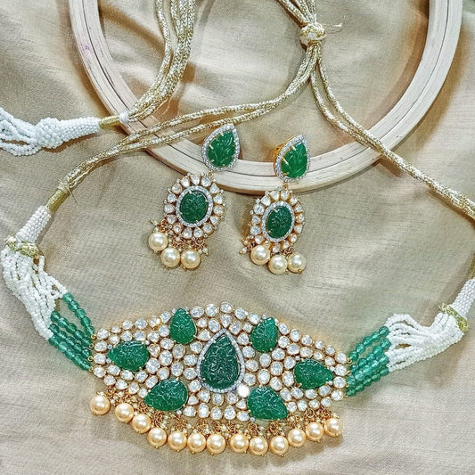 925 Silver Moissanite Polki Emerald Necklace Set