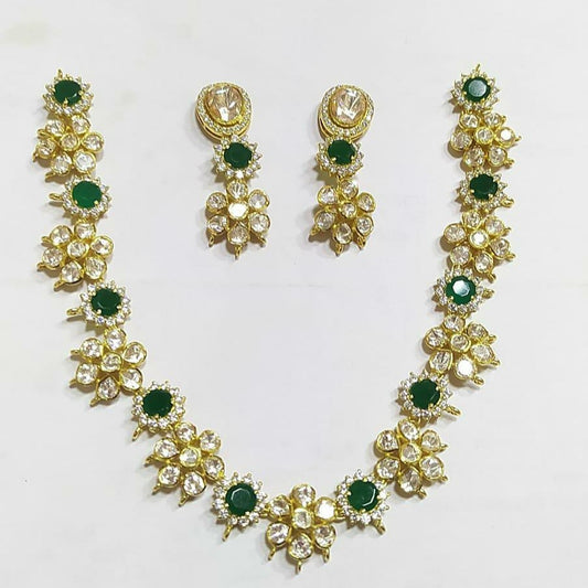 925 Silver Moissanite Polki Green Floral Necklace Set