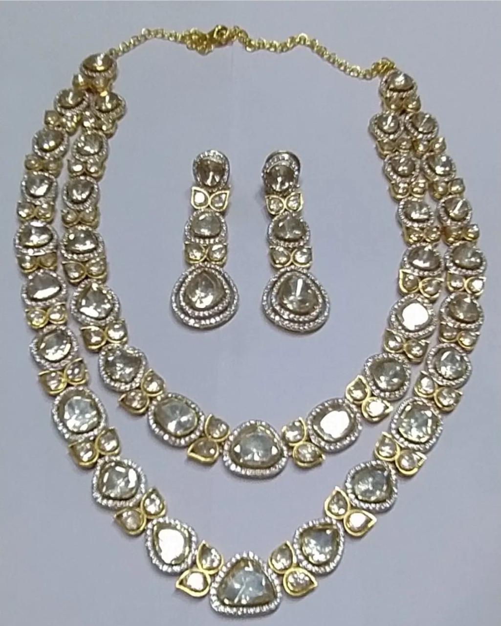 925 Silver Moissanite Polki Double Line Necklace set