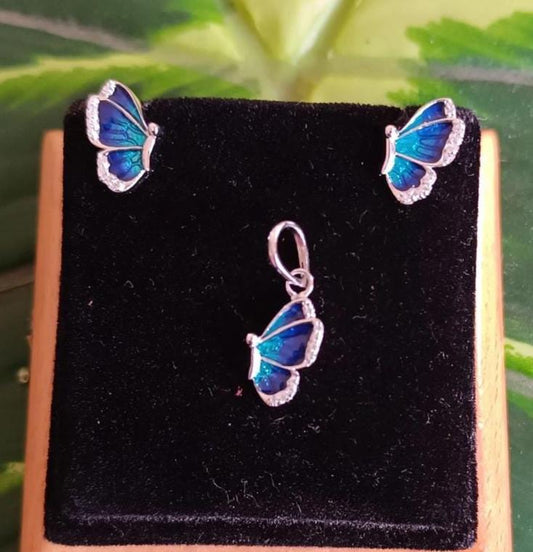 925 Silver Butterfly enamelled Pendant set